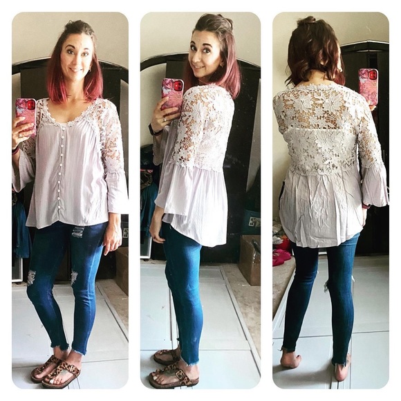 Crochet Flower Lace Button Bell Sleeve Blouse Top - Picture 4 of 5